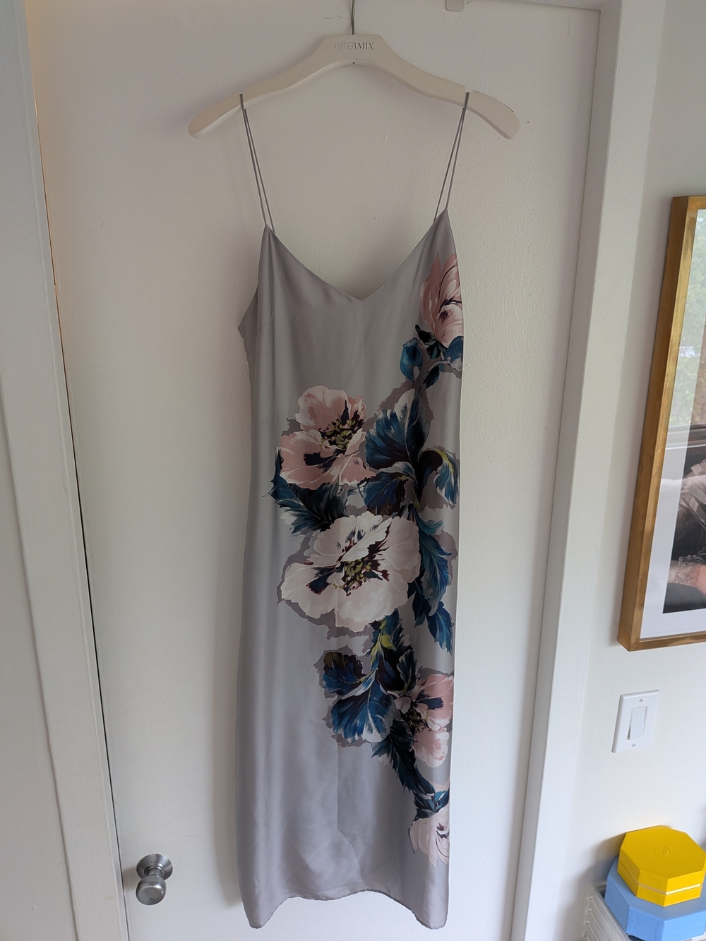 Zara Gray Sateen Slip Midi/Maxi Dress with Pink & Blue Floral Print